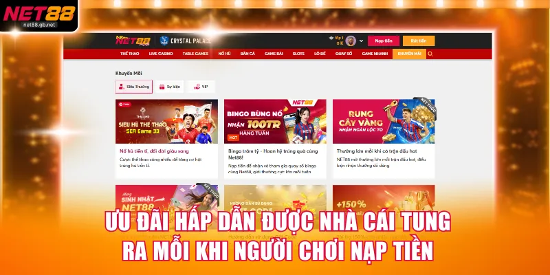 Ưu đãi hấp dẫn được nhà cái tung ra mỗi khi người chơi nạp tiền
